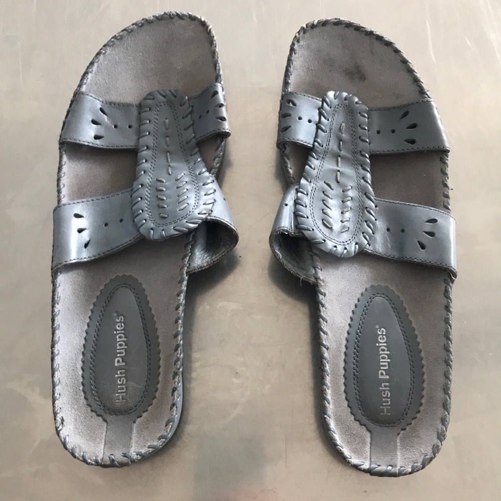 Gray slip on sandals with pretty stitching pattern